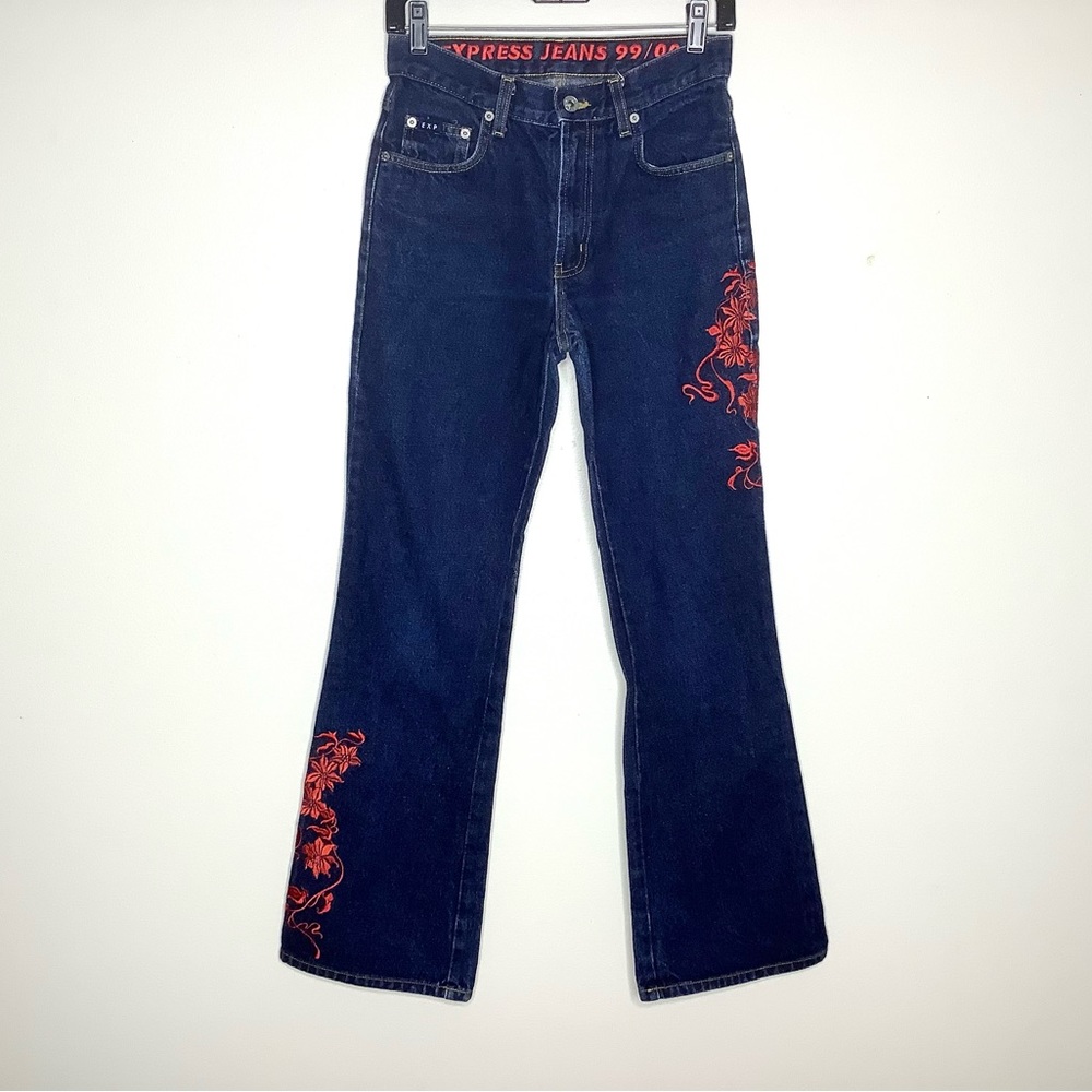 Express Dark Blue Flare Jeans with Red Embroidery